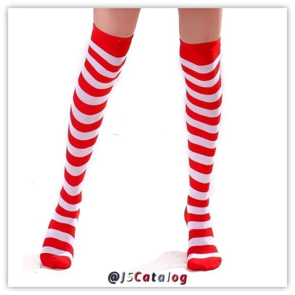 Candy Cane Striped Cotton Thigh-Highs Socks OSFM - Picture 3 of 13